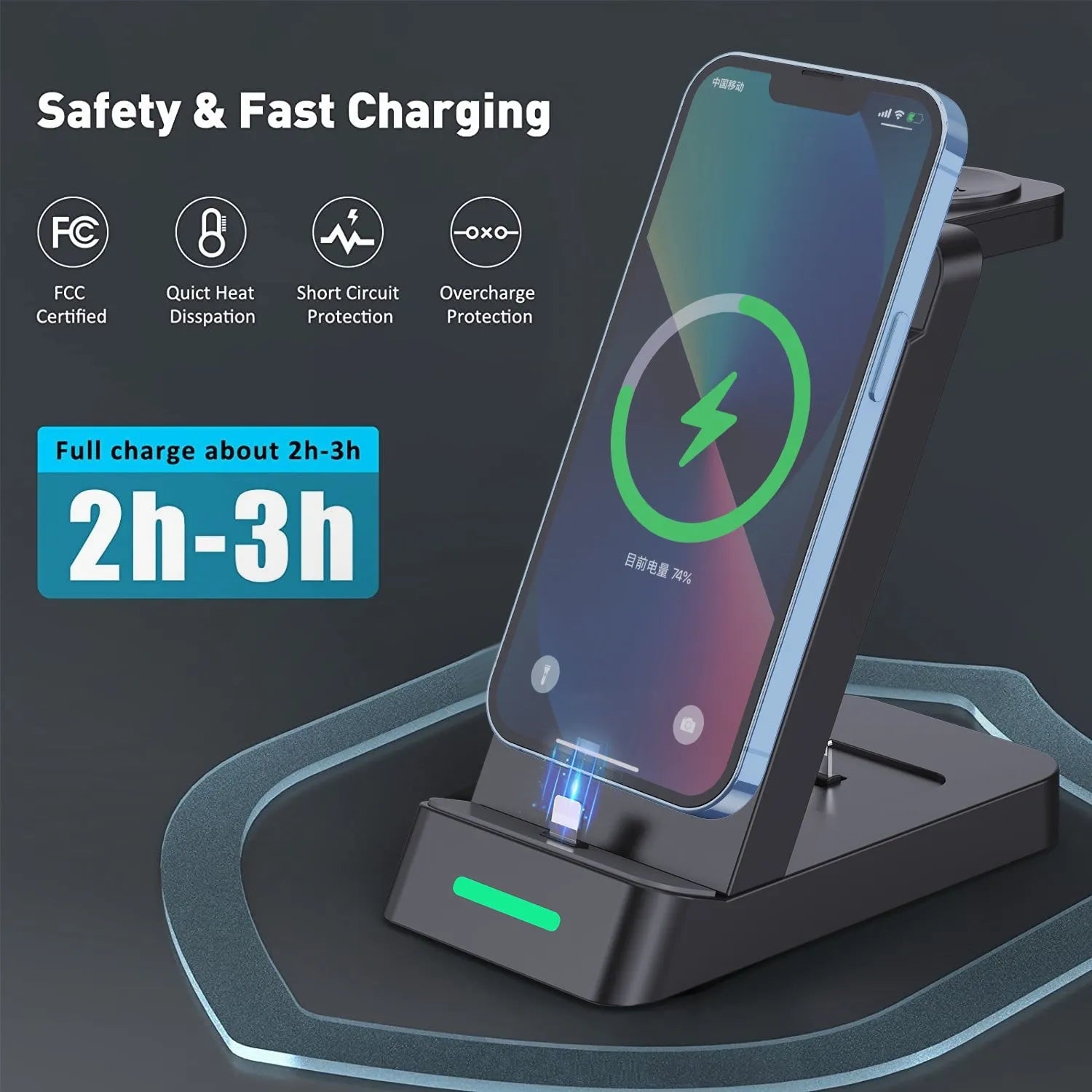 Black or white 3-in-1 wireless fast charging station for phone, AirPods, and Apple Watch on a desk.