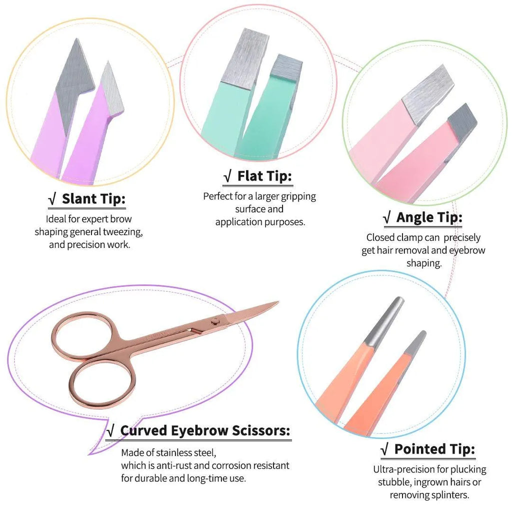 Six-piece stainless steel eyebrow tweezers set with leather case, showing four tweezers, scissors, and a brush.
