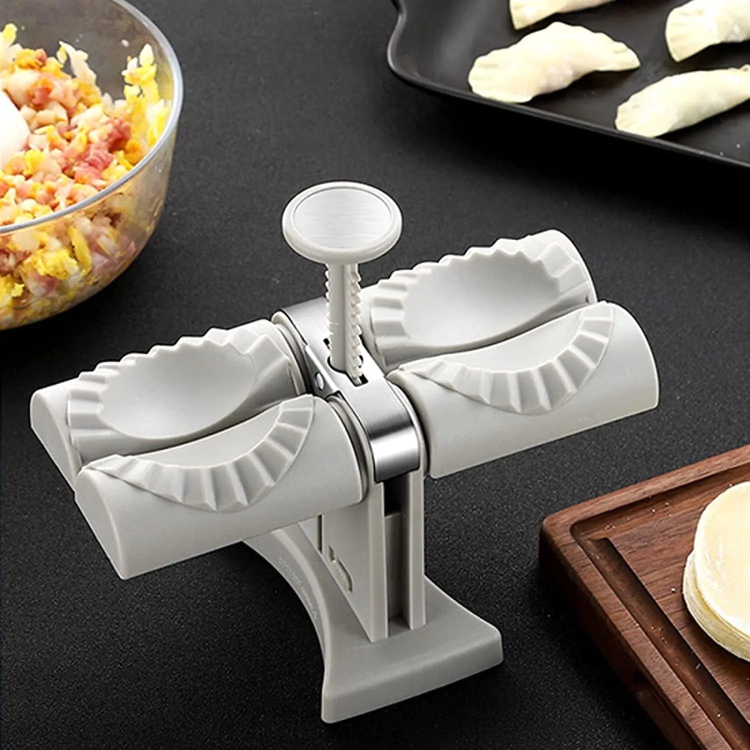 White double-headed dumpling mould with manual press and anti-slip rubber base