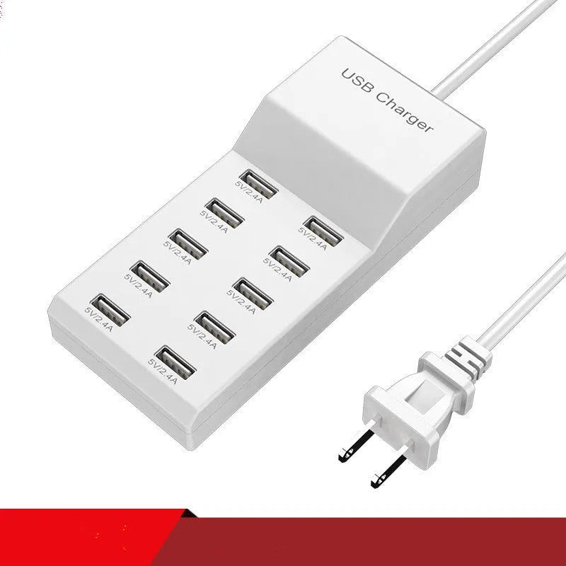 5V 2A USB multi-port charger with 5 ports, 10A output, overload protection, fireproof ABS housing, black colour