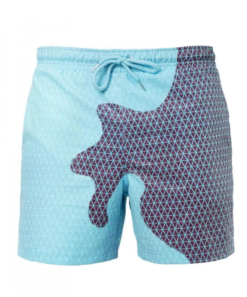 Magical colour-changing beach shorts for men in blue, with drawstring waist and quick-dry polyester fabric