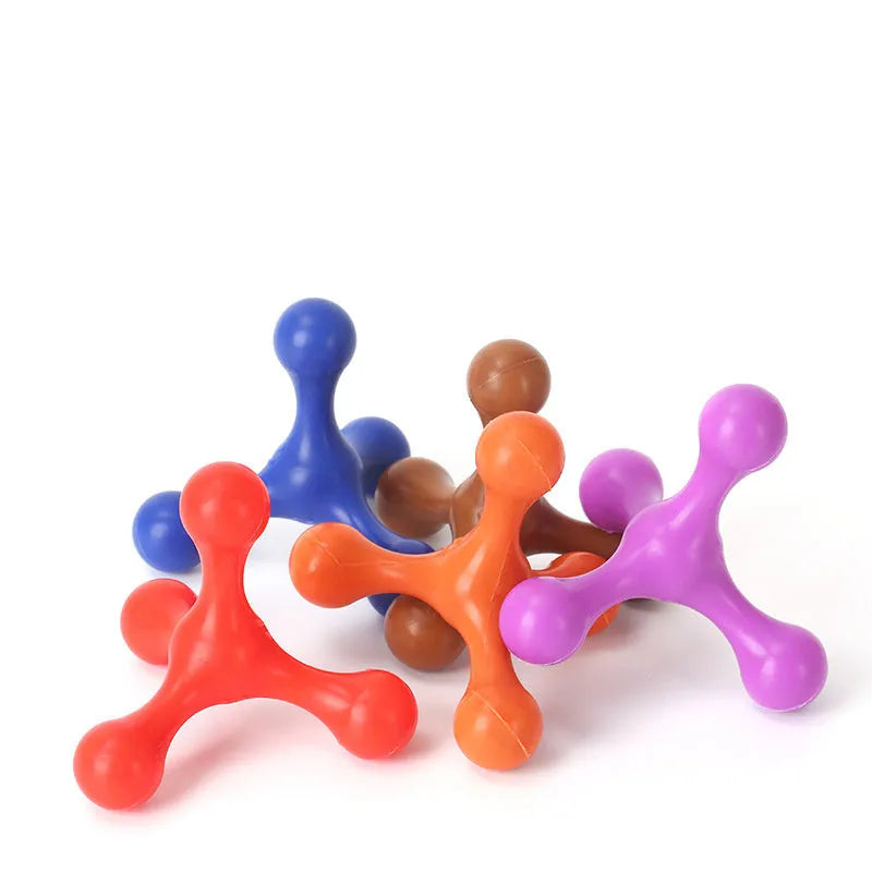 Blue beef-flavoured silicone chew toy for small puppies with three legs, shown next to a ruler measuring 9.5cm.
