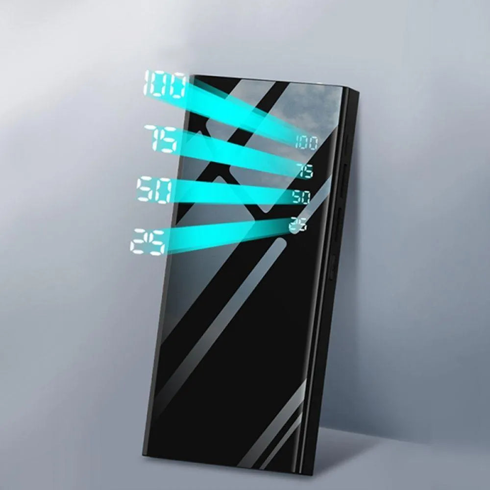 Black 20000mAh portable power bank with LCD screen and two USB ports