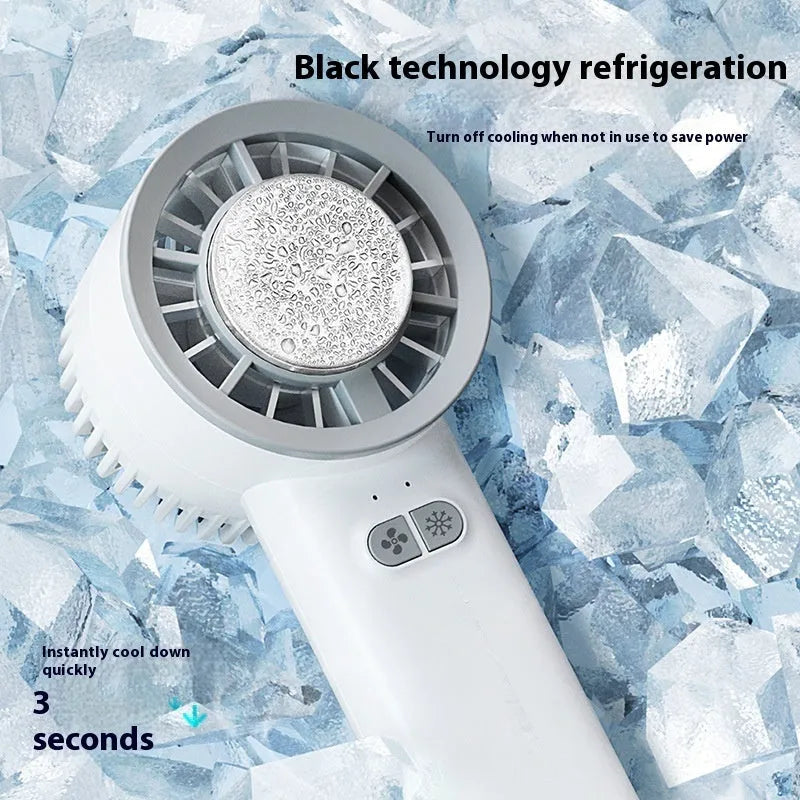 White handheld turbo jet fan with brushless motor, ice-cooling function, and 3 speed gears on a light background