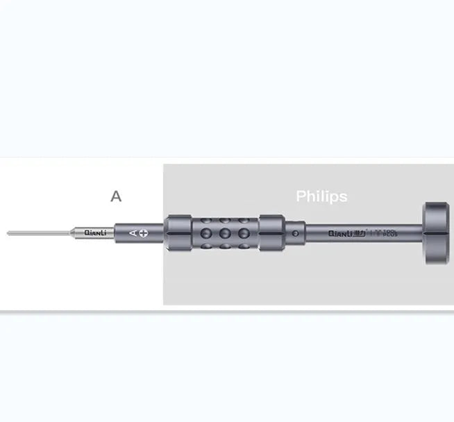 iPhone compatible precision screwdriver with grenade-shaped aluminium handle and five bit types including T2 cross triangle