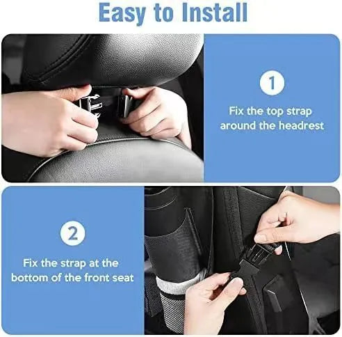 Black oxford cloth car seat back storage bag with hanging straps for organisation.