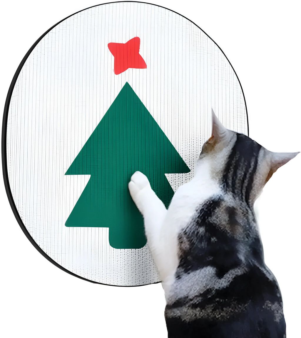 Vertical wall-mounted cat scratching pad made of corrugated cardboard on a home wall.