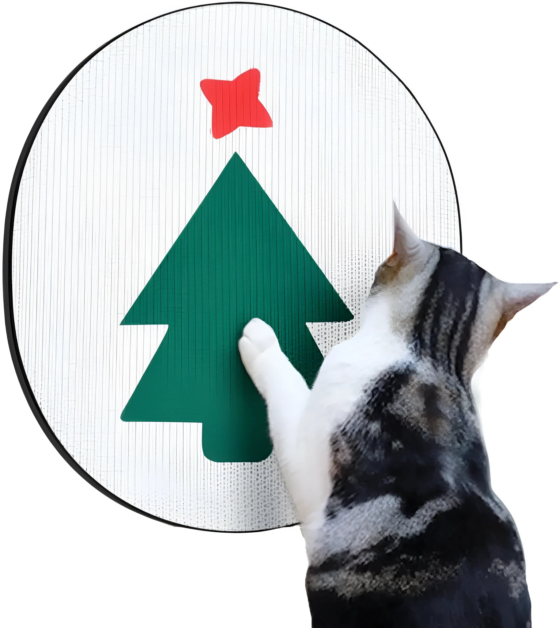Vertical wall-mounted cat scratching pad made of corrugated cardboard on a home wall.