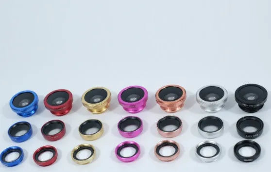 Mobile phone camera lens kit with fisheye, wide-angle and macro lenses for smartphone photography