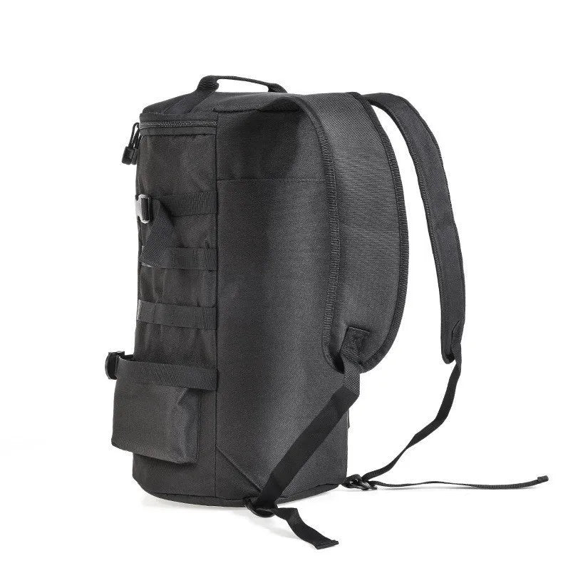 Black polyester cylinder fishing tackle backpack with dual-shoulder straps, 23-litre capacity