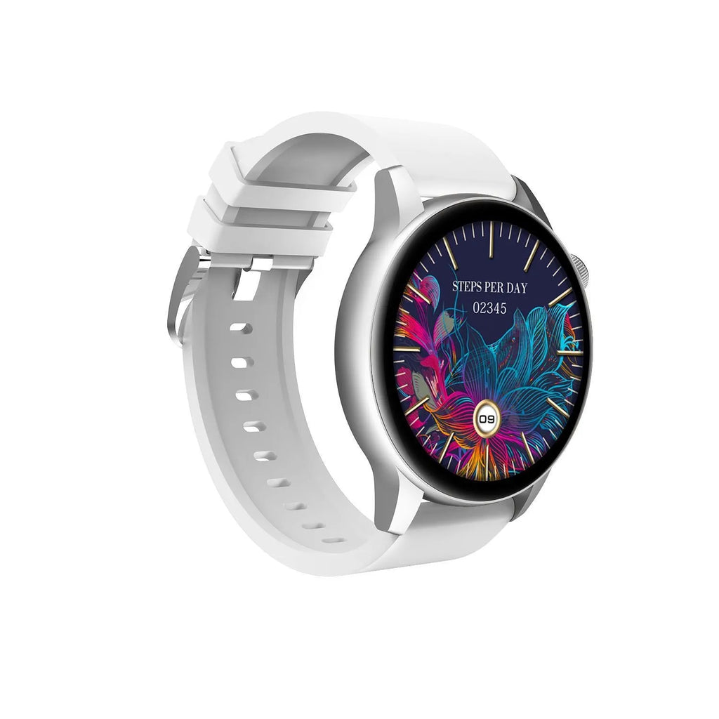 Stainless steel smart watch with a colour touchscreen on a wrist, showing a digital watch face.