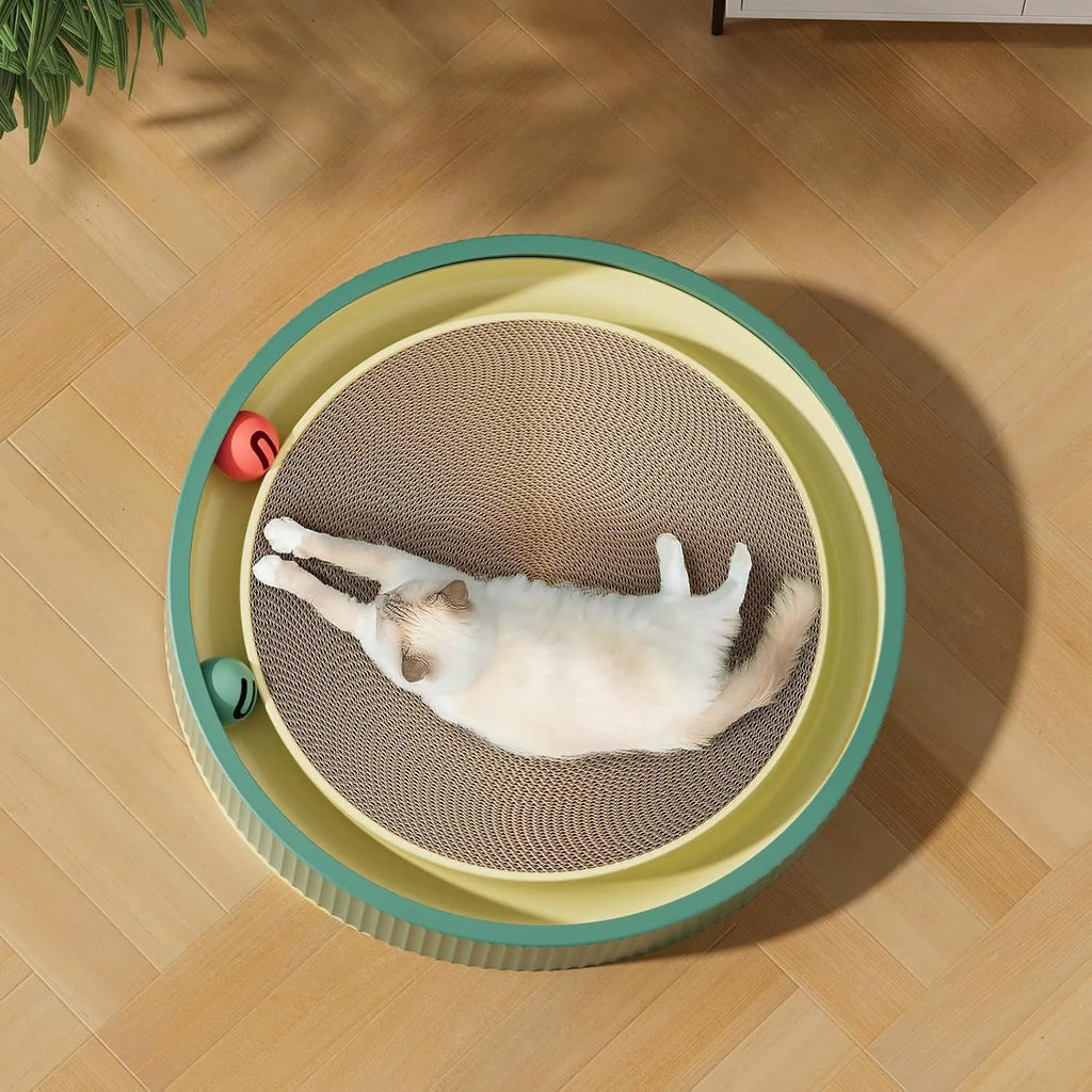 Large circular cat scratching board with ball track and spring plush ball