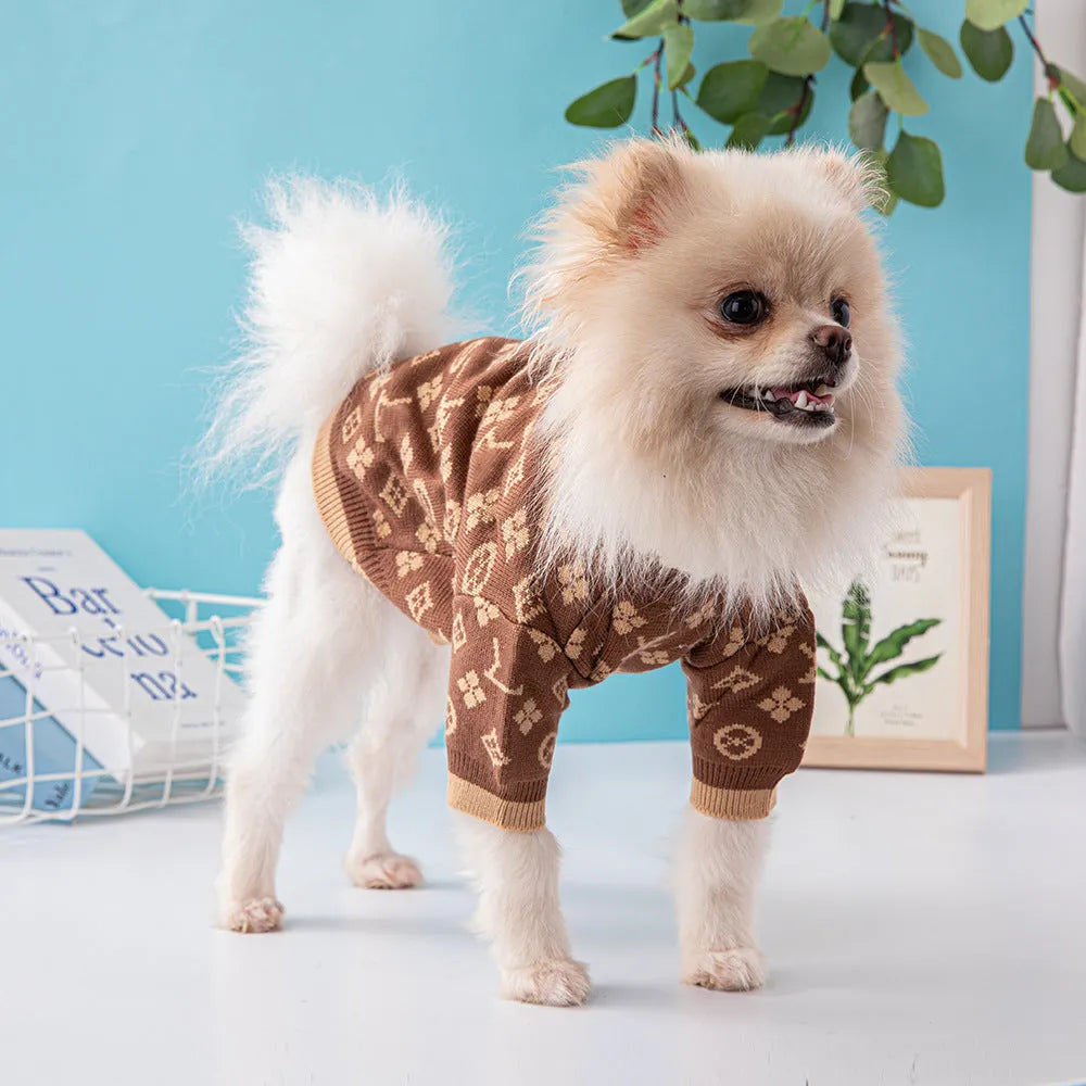Wool-blend knitted dog sweater in a solid colour on a model dog.