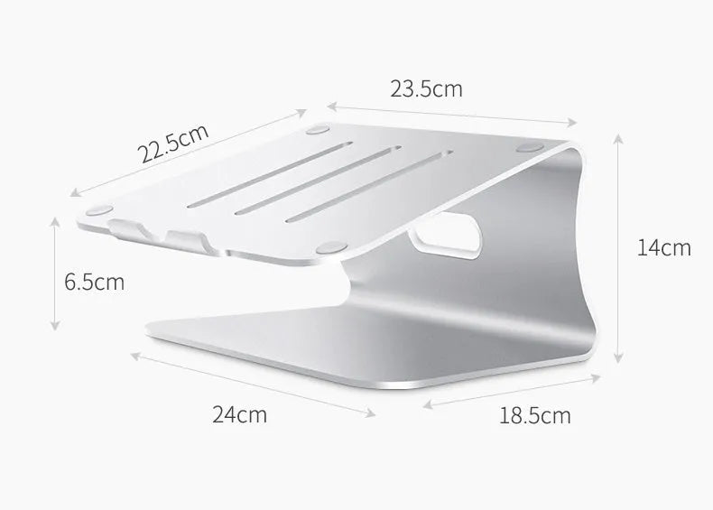 Silver aluminium laptop cooling stand with rotary base, 4.07mm thick, on a wooden desk.