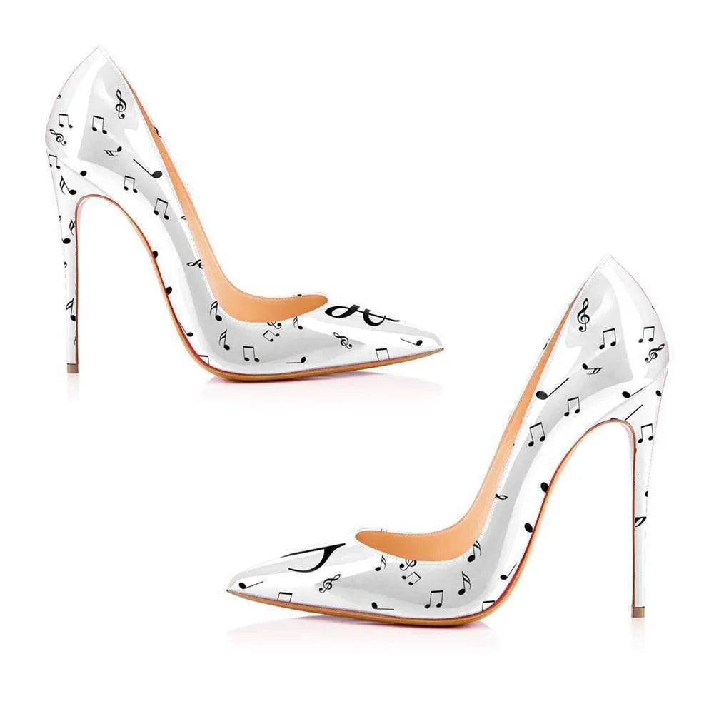 Women's high heels with graffiti pattern, super high heel above 8cm, black artificial PU upper