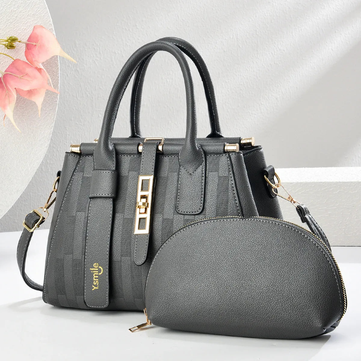 Round black PU crossbody shoulder handbag showing front view and dimensions of 28x13x20cm.