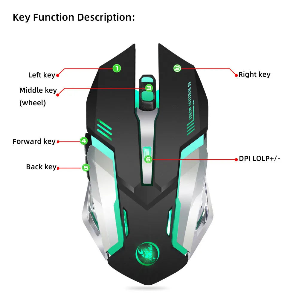 HXSJ wireless gaming mouse black with glowing effect, ergonomic shape, six buttons