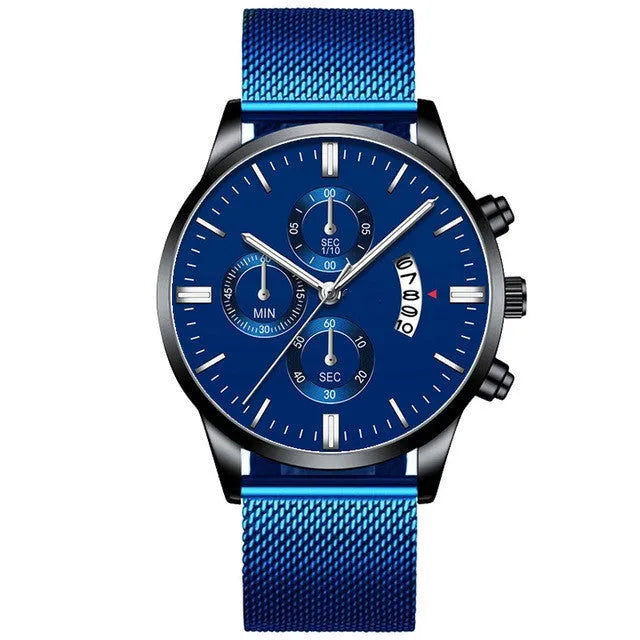 Men's stainless steel mesh band quartz watch in a two-tone colour option on a wrist.