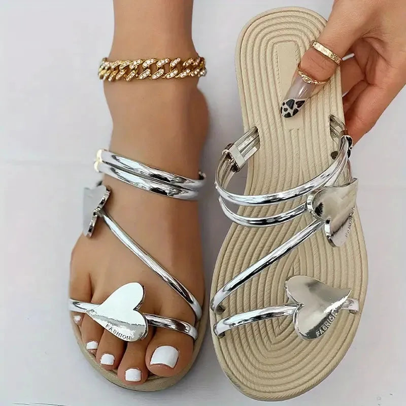 Heart shape slippers summer flat love beach shoes women silver colour man-made PU foam sole