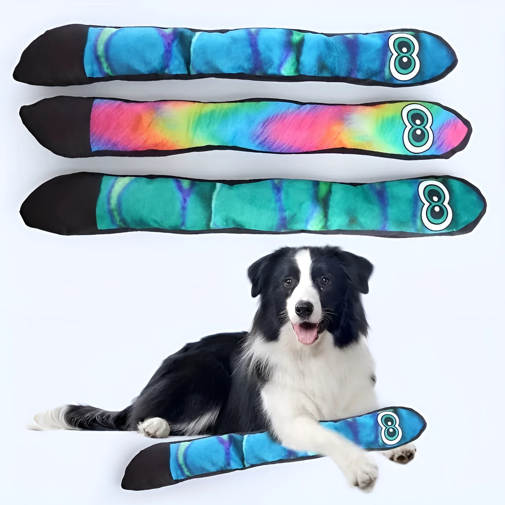 Multicolor stripe print snake plush squeaky toy for dogs on a white background.