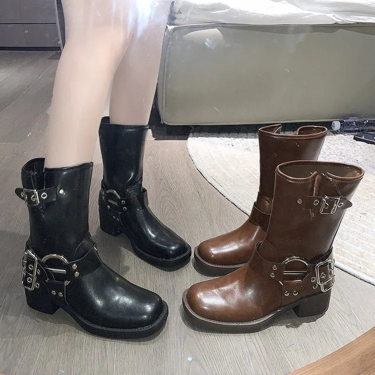 Women's black platform fashion boots with buckle straps and middle calf length
