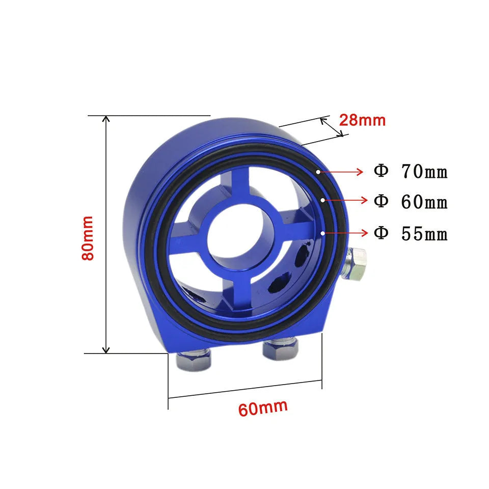 Universal aluminium alloy oil pressure gauge adapter shown in red, blue, black, gold, and silver colour options