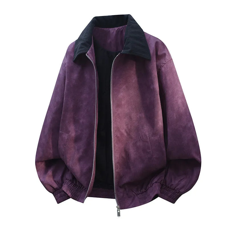 Men's casual jacket with stitching lapel detail in multiple colour options on a size chart background.