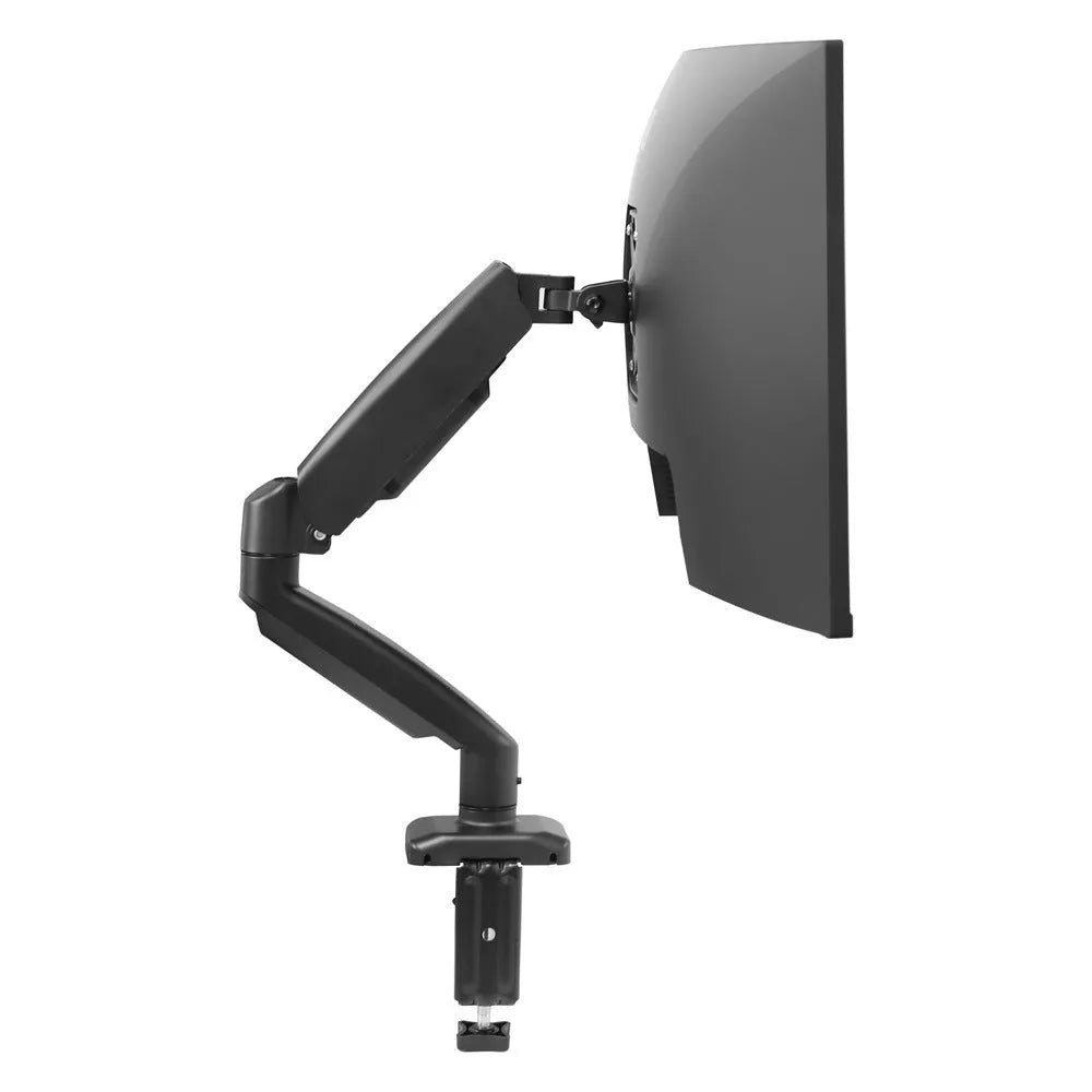 Black table-style LCD screen bracket showing height adjustment and rotation features for monitor mounting