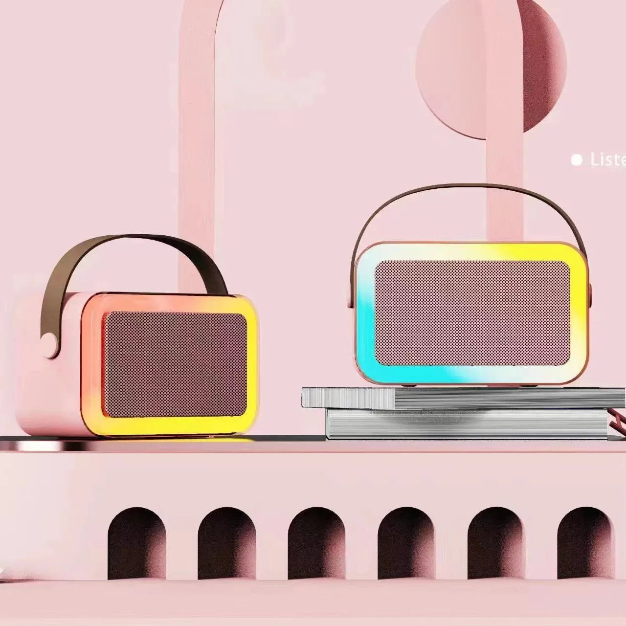 Portable Bluetooth speaker microphone with coloured lights in pink, sky blue, or white colour options.