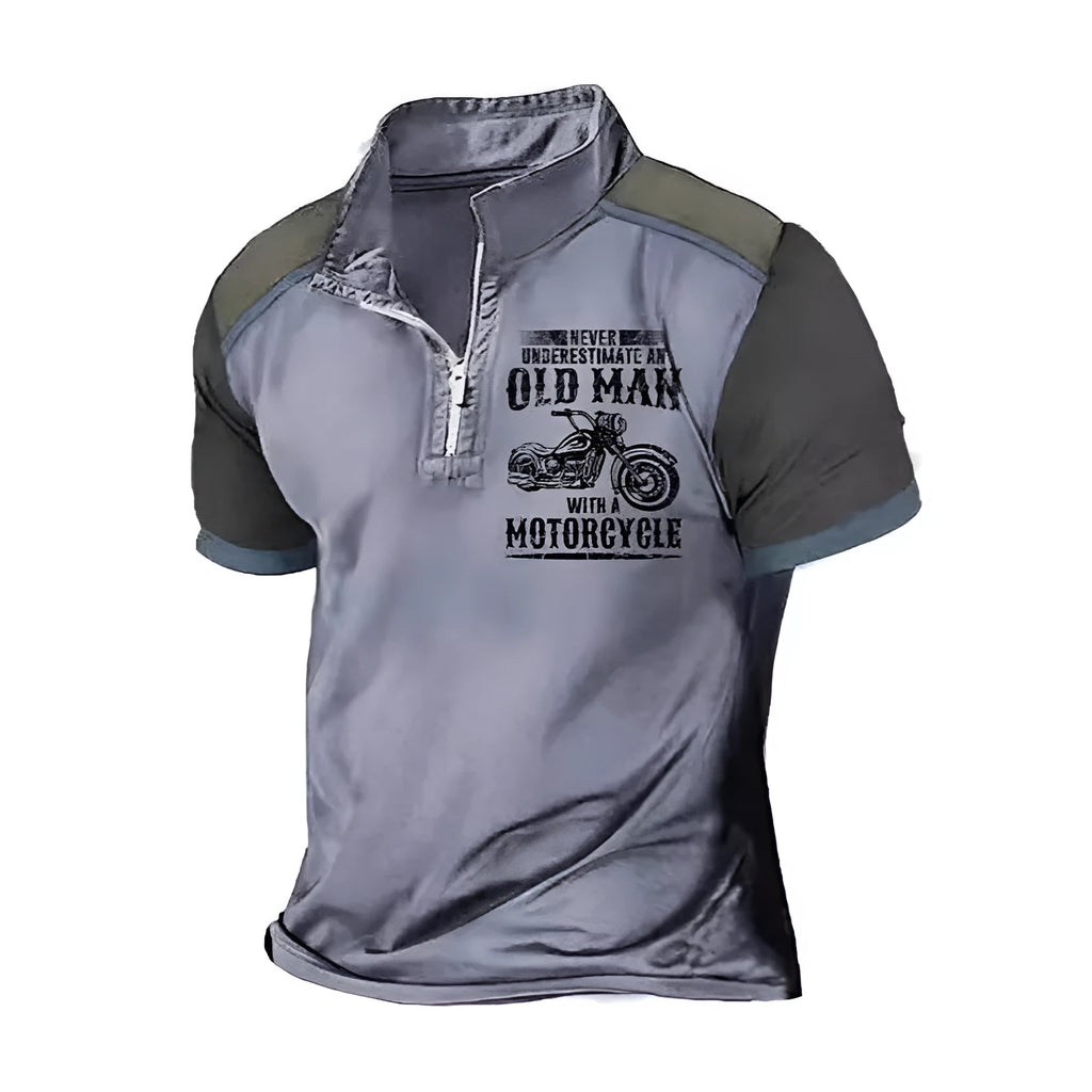 A man's short-sleeve polo shirt with a lapel collar, decorative zipper, and a digital letter print pattern.