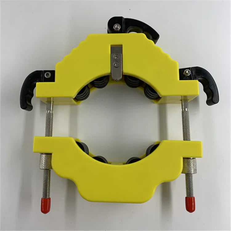 Yellow adjustable bottle cutter tool for DIY glass bottle cutting on a wooden table.