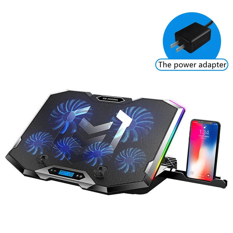 Blue notebook radiator with two USB-powered cooling fans on a desk