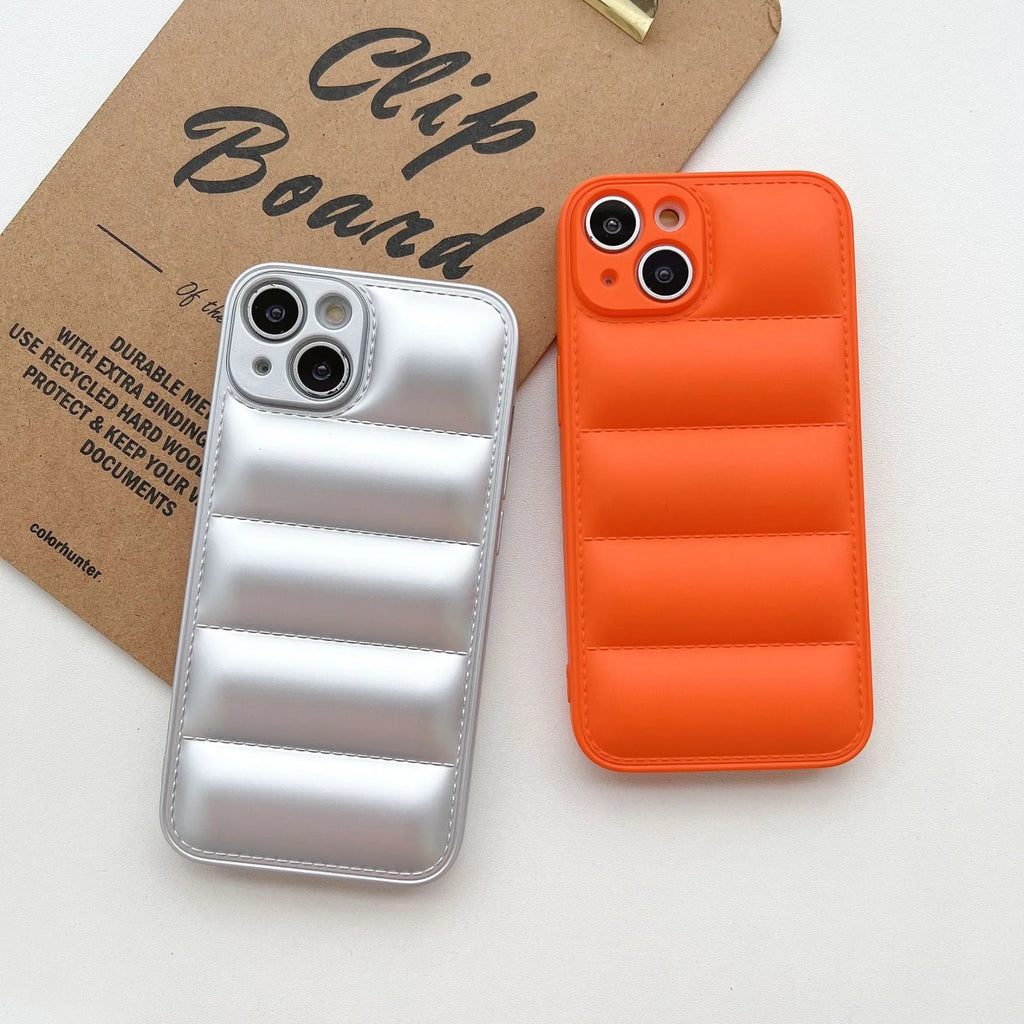 Plastic down jacket phone case for iPhone 15 series in black, shockproof TPU back cover