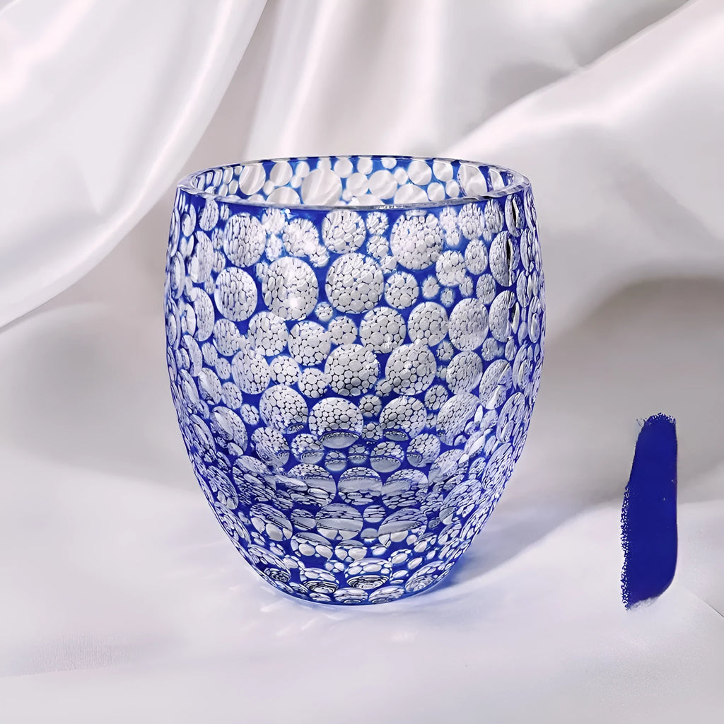 Sapphire blue hand carved crystal glass wine glass with bubble cut pattern, Japanese simple style
