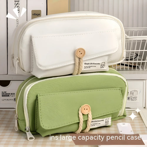 Korean-style canvas pencil case in green, beige, blue or grey holding multiple pens