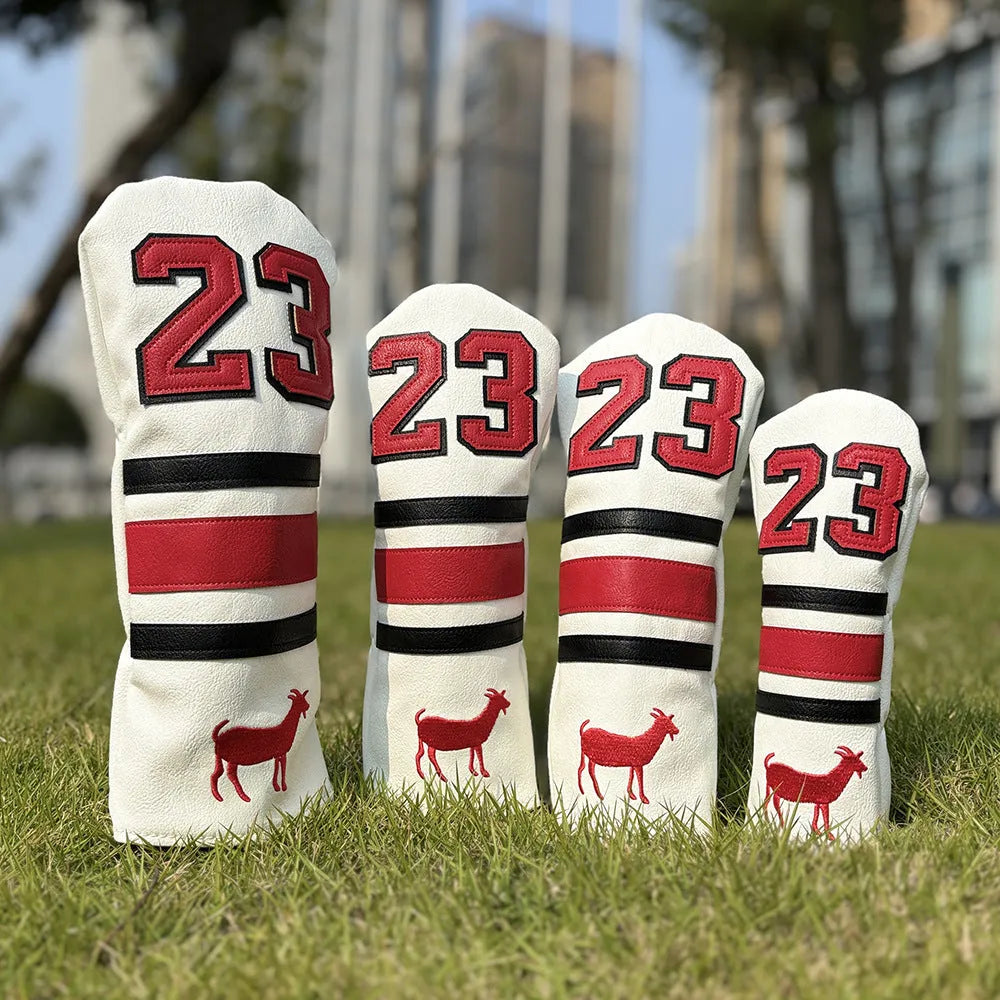 PU golf club sleeve for wooden pole sets in red, black, white, or yellow colours.