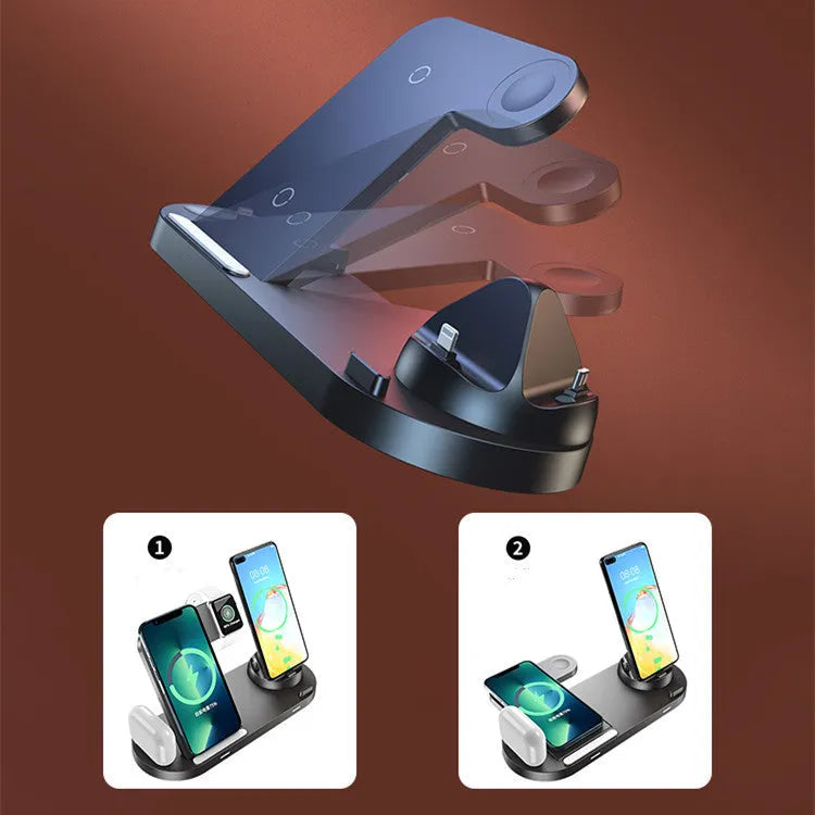 Black multifunctional wireless charger base plate with foldable design on a desk