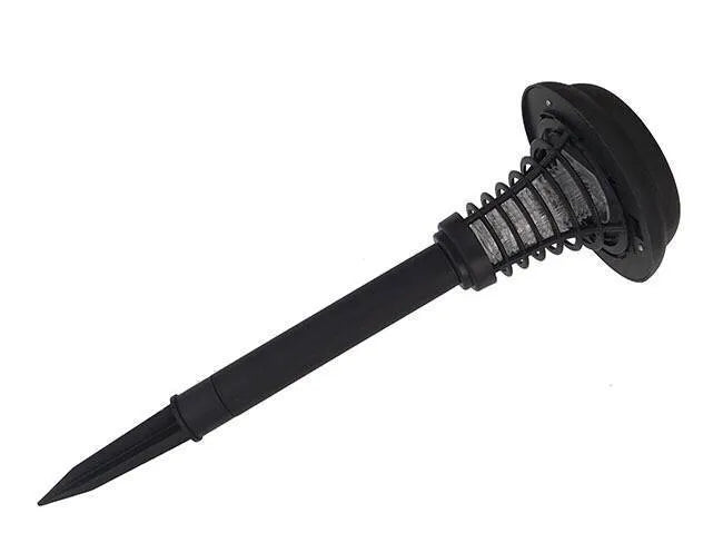 Black solar-powered insect control lawn lamp with white and UV purple LEDs, standing 42cm tall.