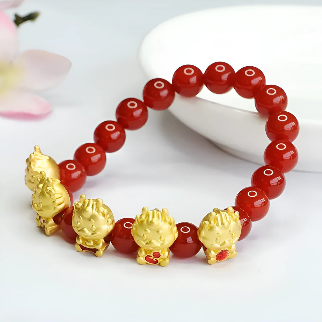Natural red agate Five Blessing Dragon bracelet with 8mm beads, Chinese style spiritual accessory
