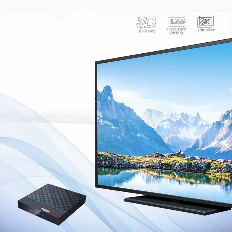 Black T95 Max Plus Android TV Box with Amlogic S905X3 processor, shown with regional power plug options.
