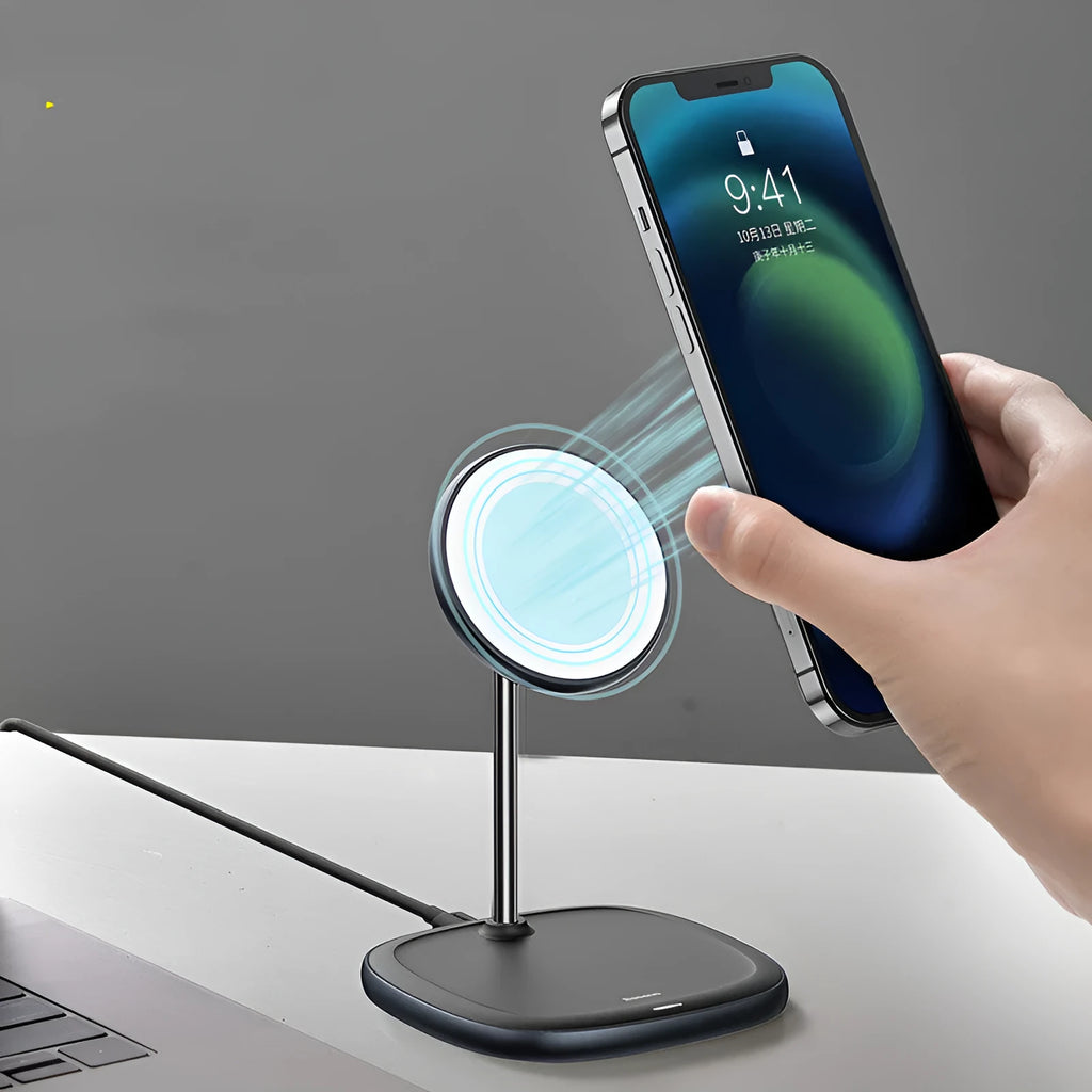 Swan black magnetic desktop stand wireless charger for iPhone 12 series with Type-C cable.