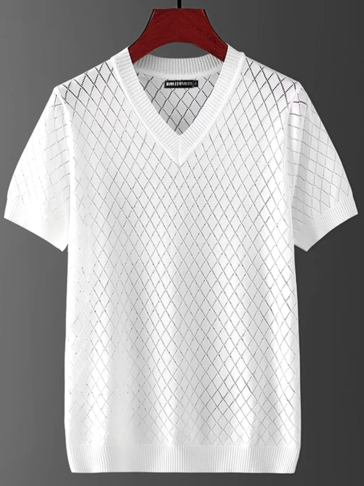 Men's ice silk short sleeve T-shirt shown in black and white, featuring both V-neck and round neck style options.