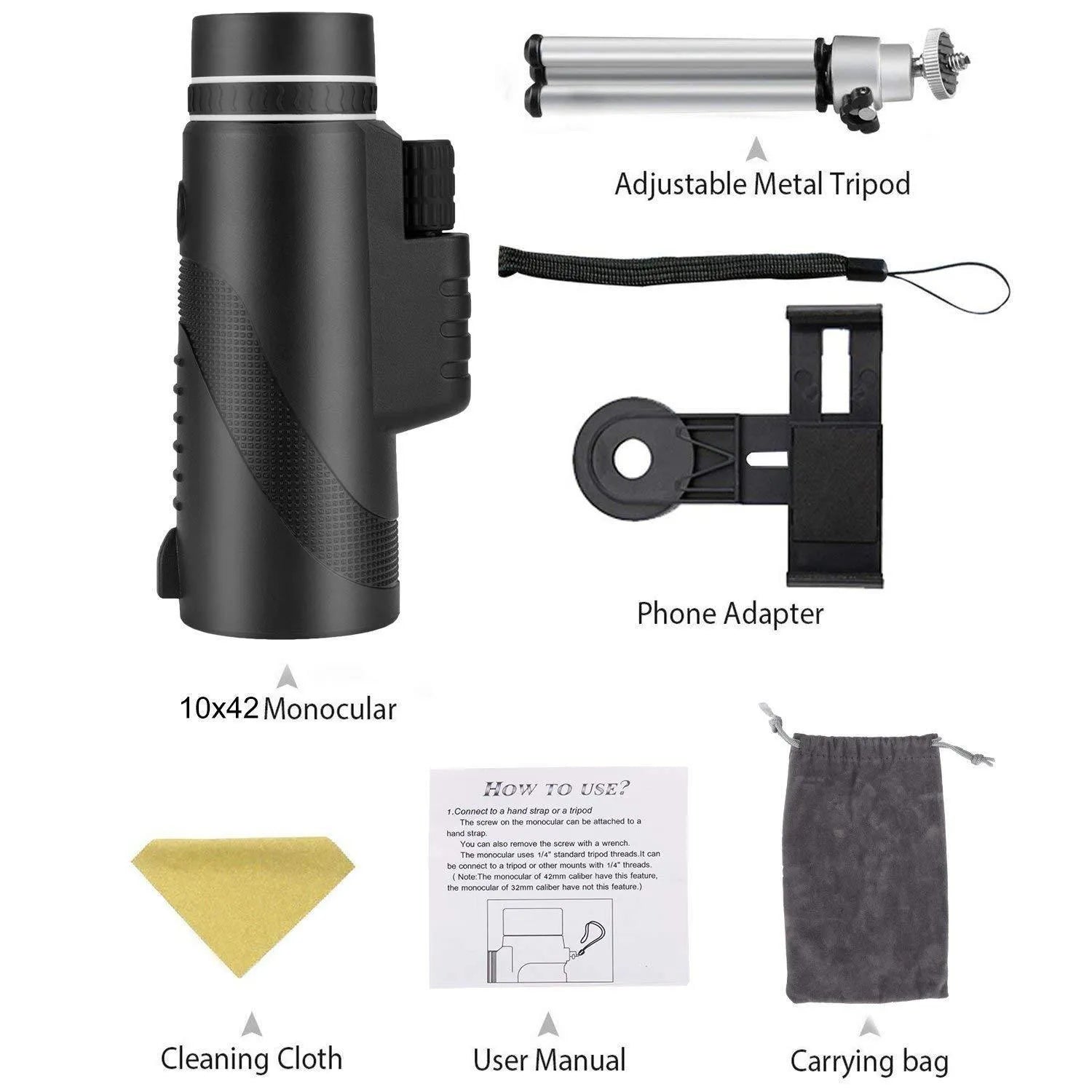 Black HD 40x60 cellphone telescope monocular with lens caps, showing its 144mm length.