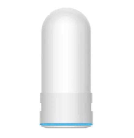 White plastic faucet water filter with ceramic cartridge and universal tap adapter kit.