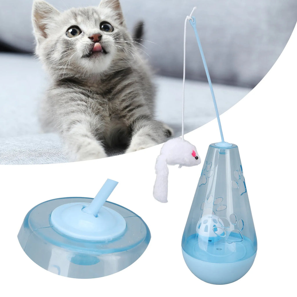Blue and yellow cat toy with bell ball, slow feeder, and plush mouse stick for indoor cats