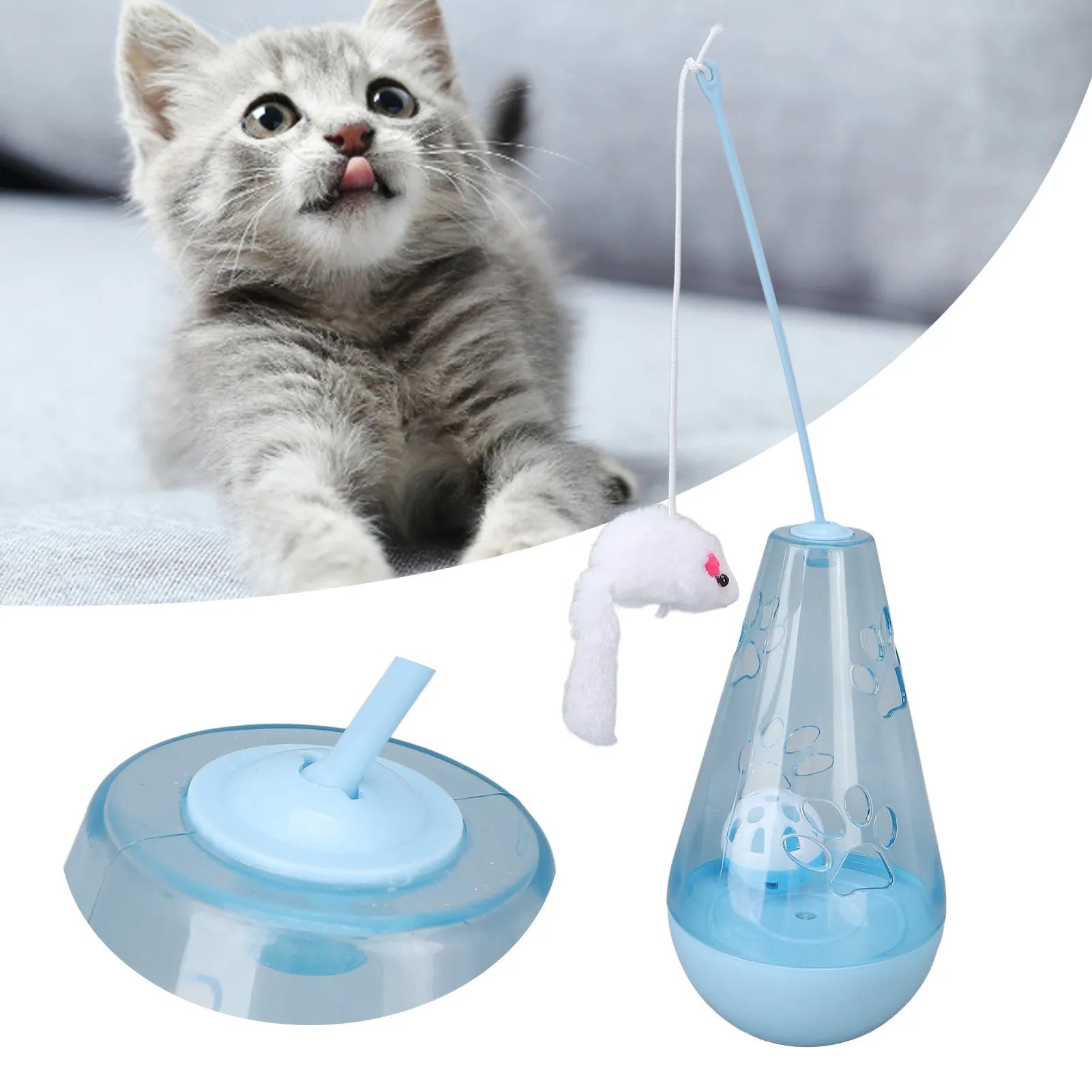 Blue and yellow cat toy with bell ball, slow feeder, and plush mouse stick for indoor cats