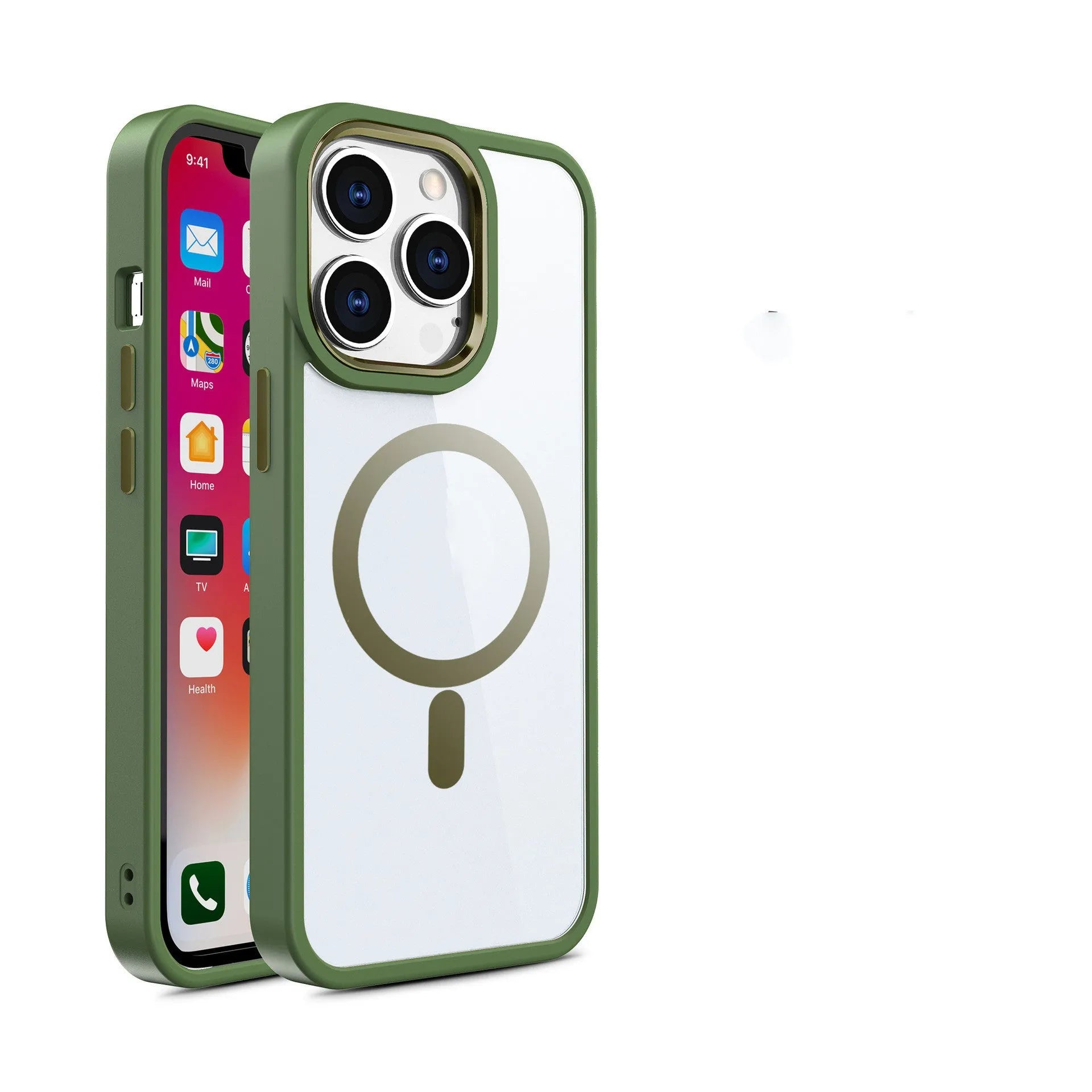 Transparent magnetic iPhone case showing MagSafe compatibility with solid silicone colour options