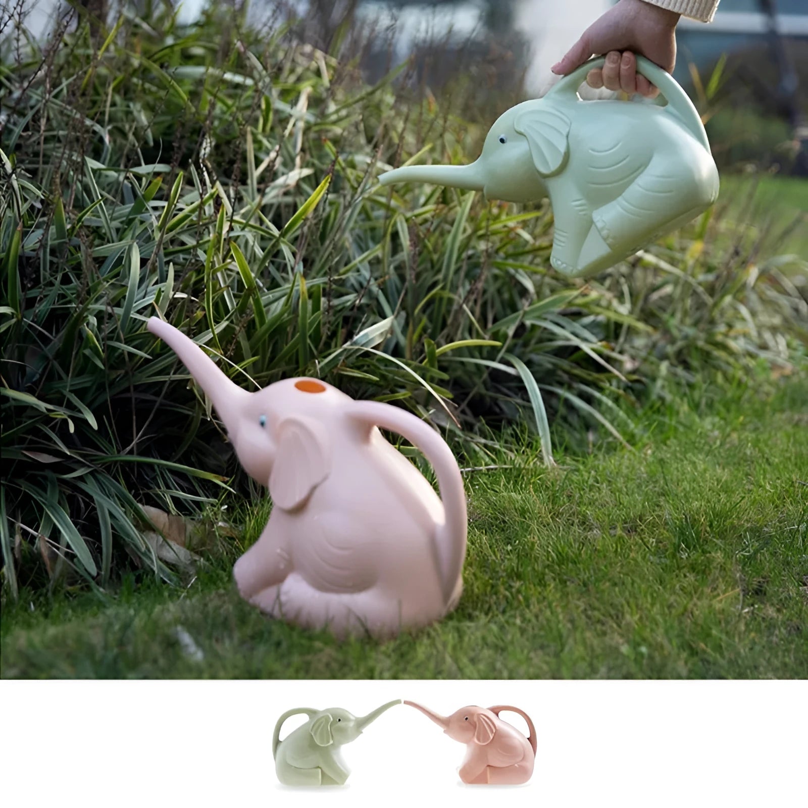 Pink elephant-shaped children's watering can with a long nozzle for gardening.