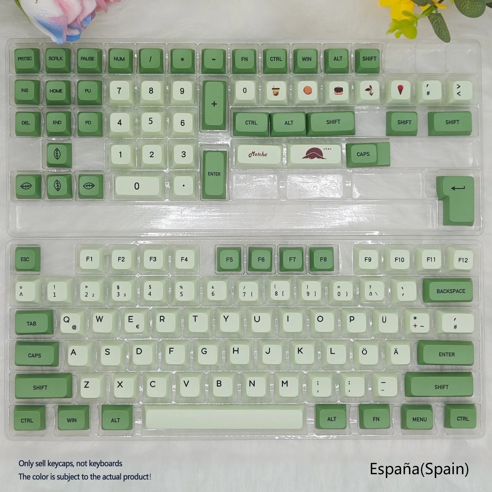 Matcha coloured PBT keycap set with 124 keys showing multiple language legend options