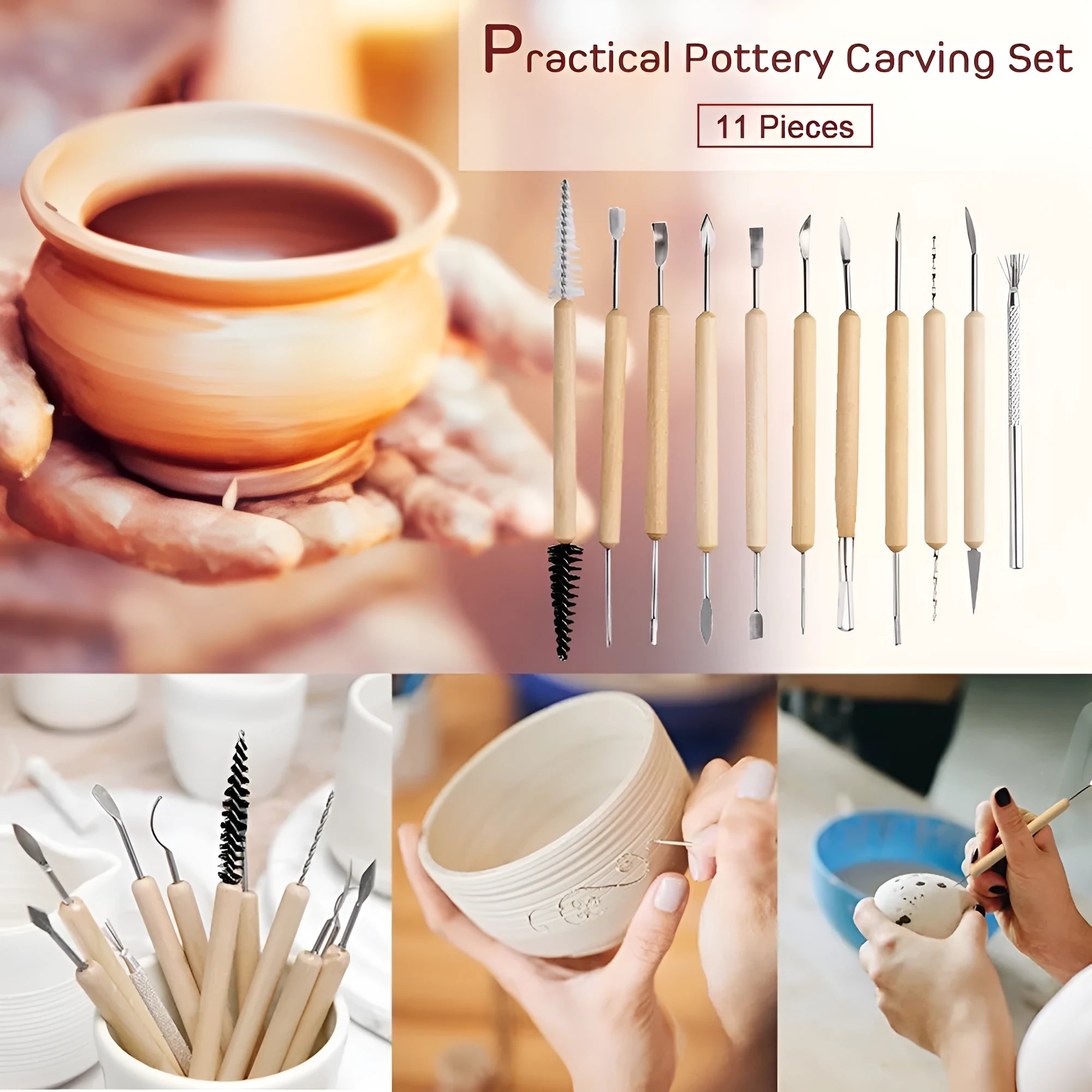 11-piece clay sculpting tool set with wooden handles and stainless steel heads on a blue felt bag.